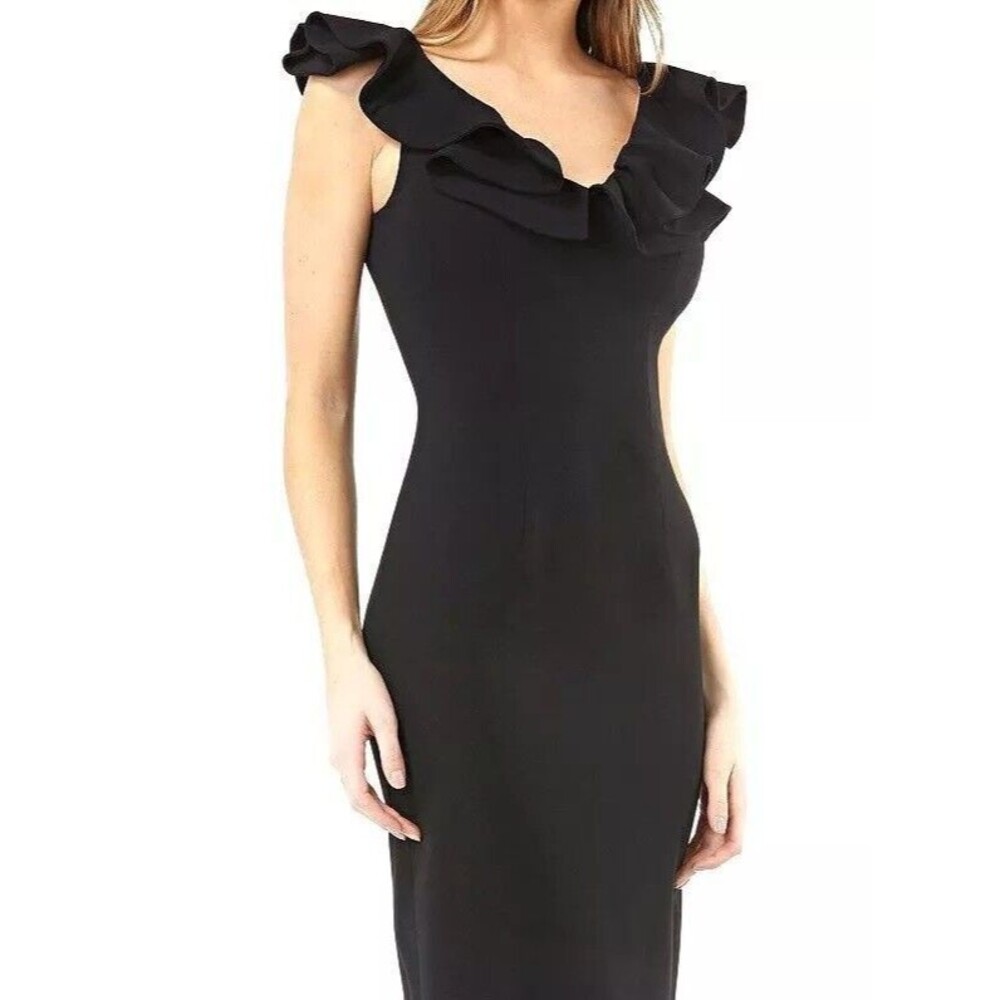 JS Collections Women's Black Ruffled V-Neckline Sheath Dress Size 10 $480 NEW